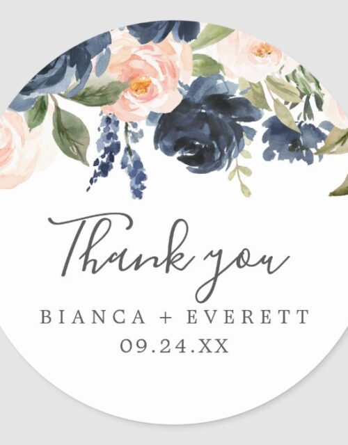 Blush & Navy Flowers White Thank You Favor Sticker