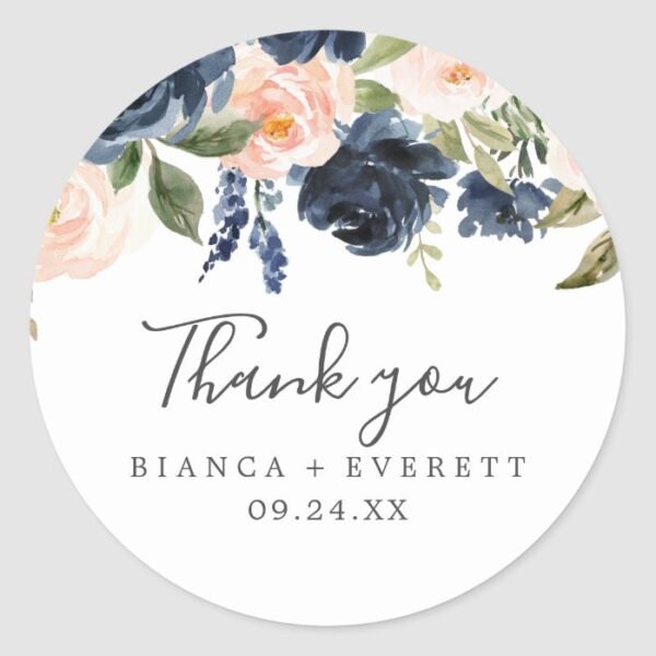 Blush & Navy Flowers White Thank You Favor Sticker