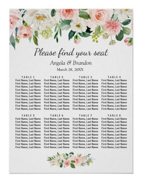 Blush Pink Floral 8 Tables Wedding Seating Chart