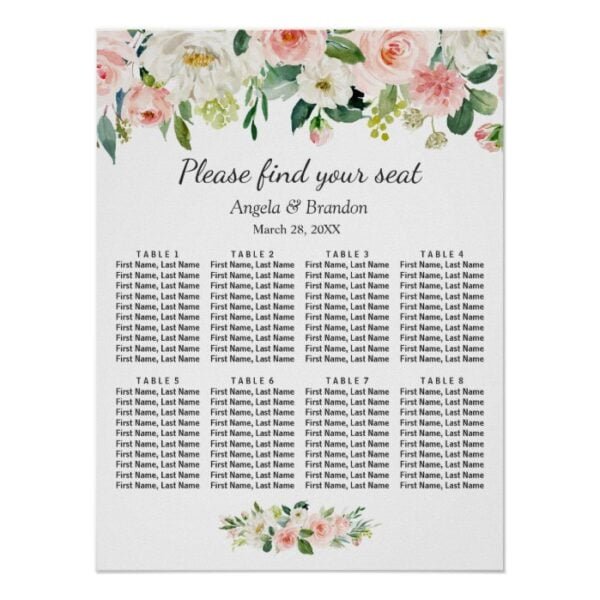 Blush Pink Floral 8 Tables Wedding Seating Chart