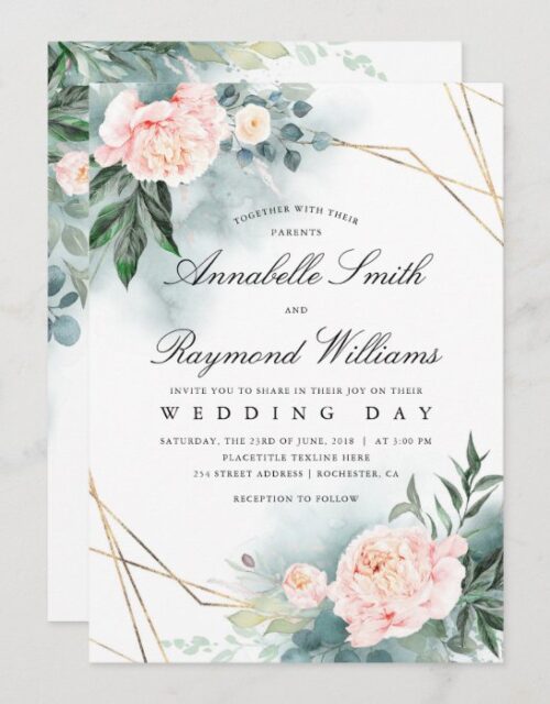 Blush Pink Floral Gold Frame | Peony Wedding Invitation