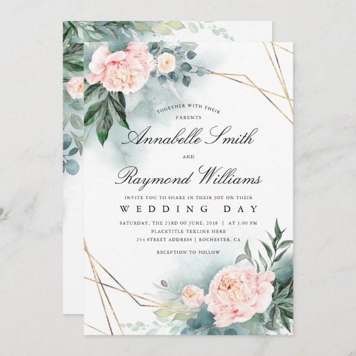 Blush Pink Floral Gold Frame | Peony Wedding Invitation