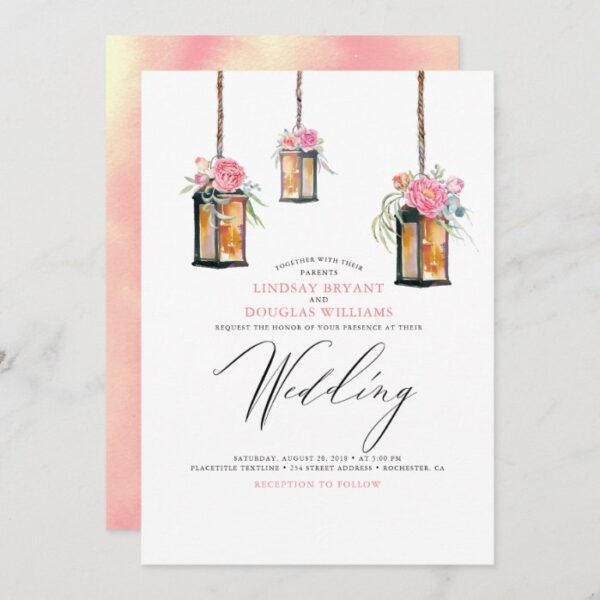Blush Pink Floral Hanging Lantern Elegant Wedding Invitation