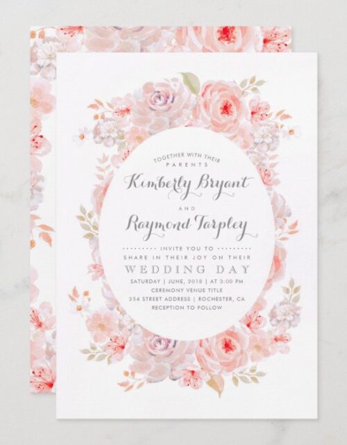Blush Pink Floral Wreath | Elegant Vintage Wedding Invitation