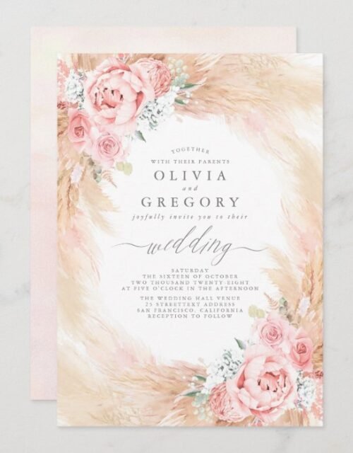 Blush Pink Flowers Pampas Grass Wreath Wedding Invitation