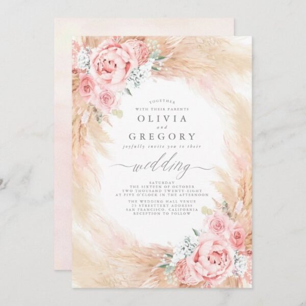 Blush Pink Flowers Pampas Grass Wreath Wedding Invitation