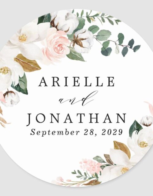 Blush Pink Gold and White Magnolia Floral Wedding Classic Round Sticker