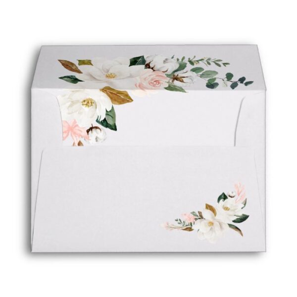 Blush Pink Gold and White Magnolia Floral Wedding Envelope