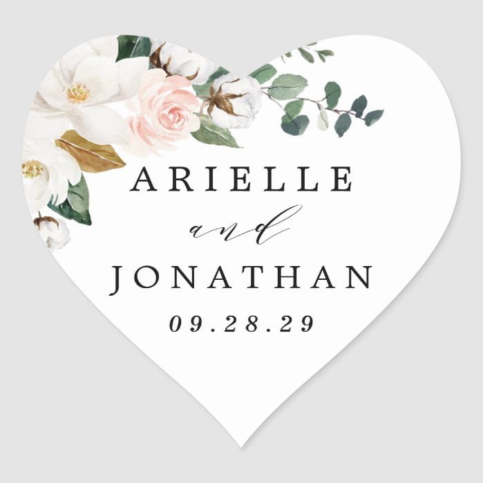 Blush Pink Gold and White Magnolia Floral Wedding Heart Sticker