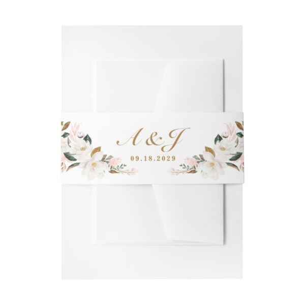 Blush Pink Gold and White Magnolia Floral Wedding Invitation Belly Band