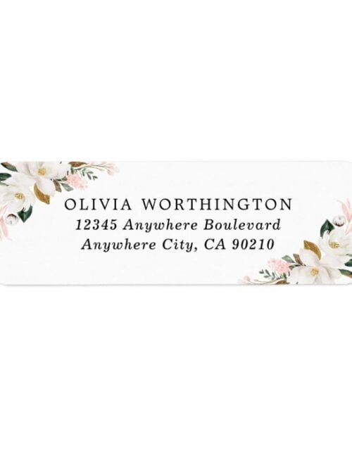 Blush Pink Gold and White Magnolia Floral Wedding Label