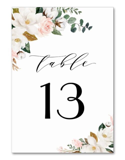Blush Pink Gold and White Magnolia Floral Wedding Table Number