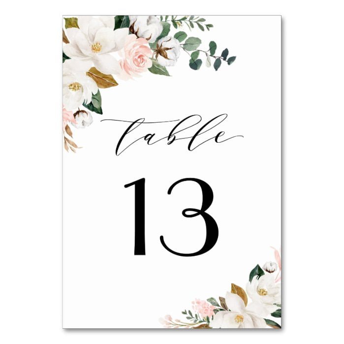 Blush Pink Gold and White Magnolia Floral Wedding Table Number