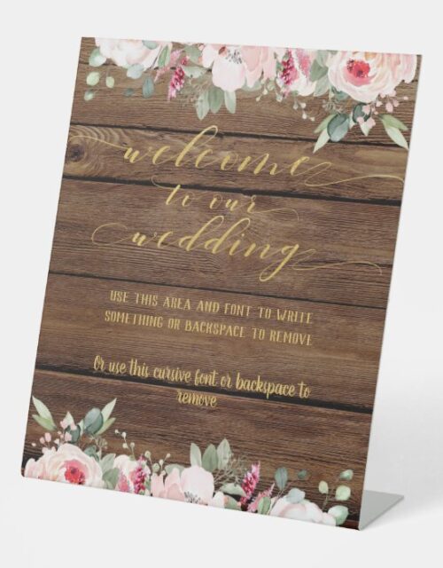 Blush Pink & Gold Fancy Font Calligraphy Welcome Pedestal Sign