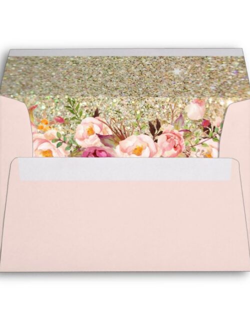 Blush Pink Gold Glitter Floral with Return Address Envelope