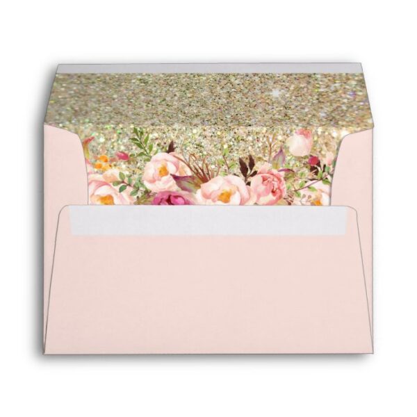 Blush Pink Gold Glitter Floral with Return Address Envelope