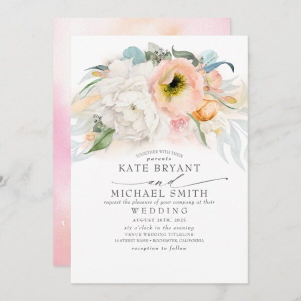Blush Pink Peach and White Floral Elegant Wedding Invitation