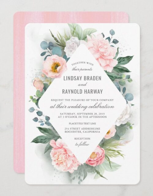 Blush Pink Peony Frame Floral Watercolor Wedding Invitation