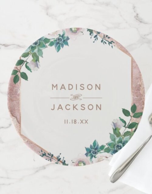 Blush Pink Rose Gold Succulents Wedding Monogram Cake Stand