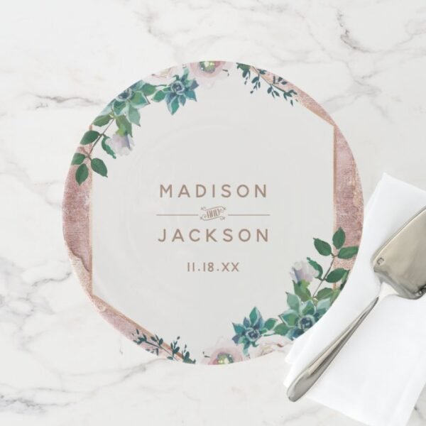 Blush Pink Rose Gold Succulents Wedding Monogram Cake Stand