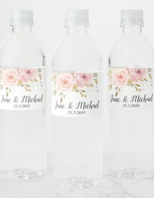 Blush Pink Roses Vintage Floral Wedding Water Bottle Label