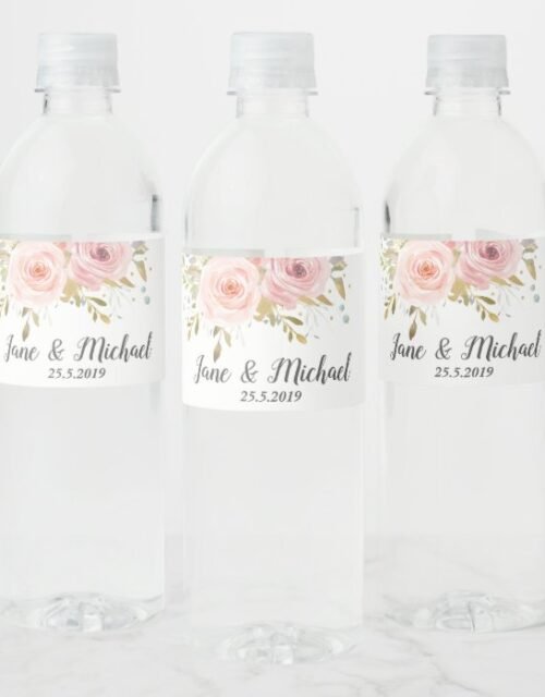 Blush Pink Roses Vintage Floral Wedding Water Bottle Label