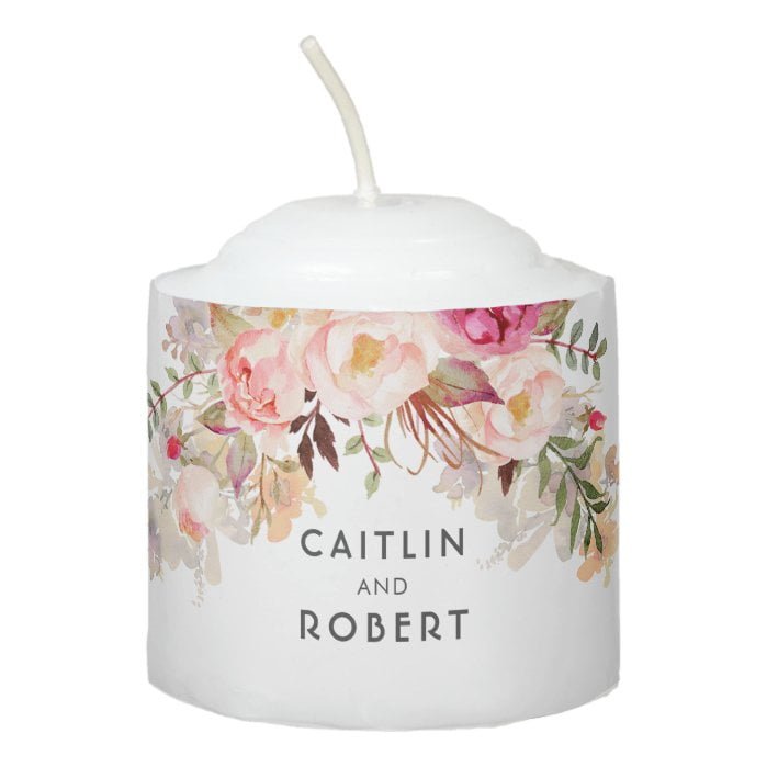 Blush Pink Watercolor Flowers Elegant Wedding Votive Candle