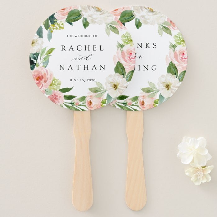 Blush White Bloom Floral Wreath Wedding Hand Fan