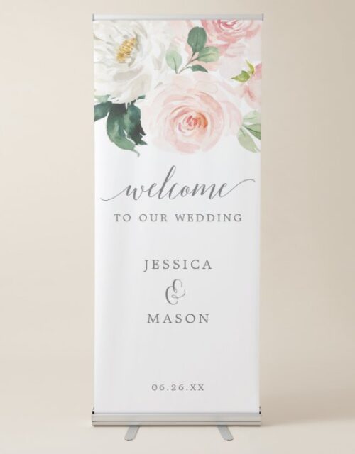 Blushing Blooms Wedding Welcome Banner with Stand
