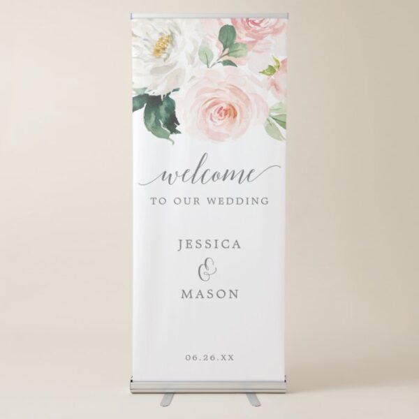 Blushing Blooms Wedding Welcome Banner with Stand