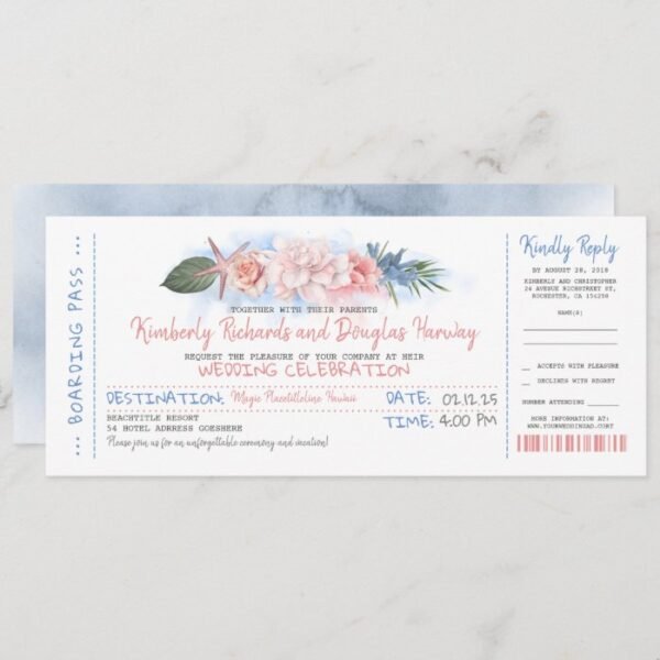 Boarding Pass | Tropical Beach | Wedding Ticket Invitation