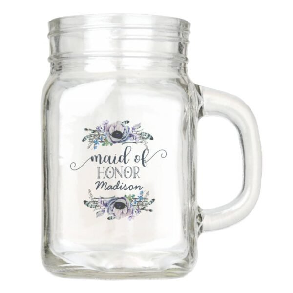 Boho Chic Mint & Navy Floral Wedding Maid of Honor Mason Jar