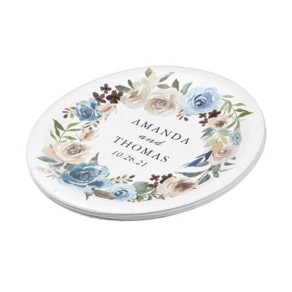 Boho Dusty Blue Beige Floral Wreath Wedding Paper Plate