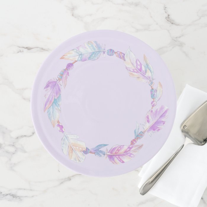 Boho feather and beads purple wreath art cake stand