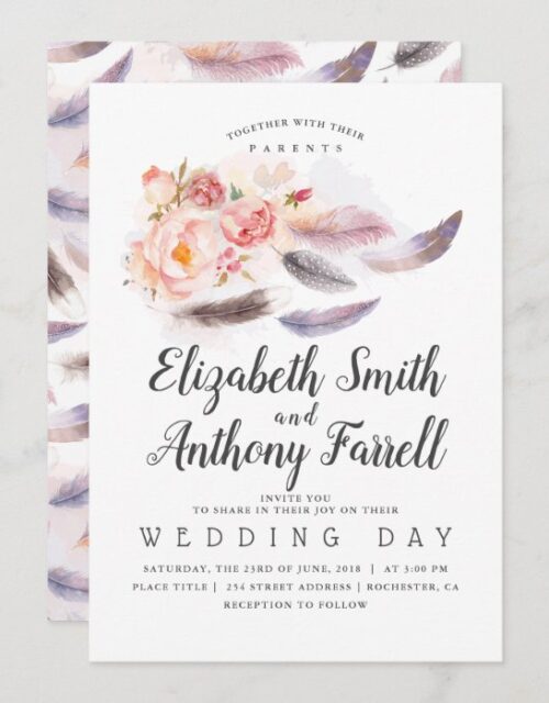 Boho Floral Watercolor Feathers Wedding Invitation