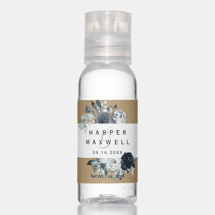 Boho White Navy Peony Faux Kraft Wedding Hand Sanitizer