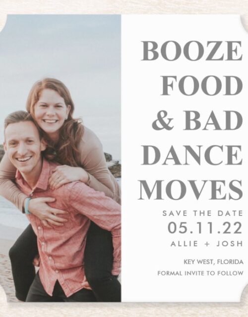 Booze Food Bad Dance Moves Save the Date | Gray Paper Coaster