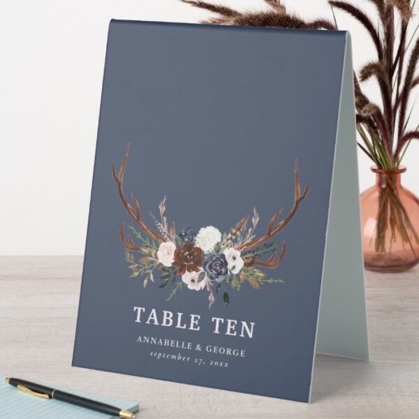 botanical floral navy burgundy antlers rustic table tent sign