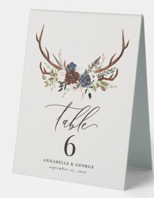 botanical floral navy burgundy antlers rustic table tent sign