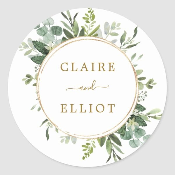 Botanical Gold Greenery Wedding Classic Round Sticker