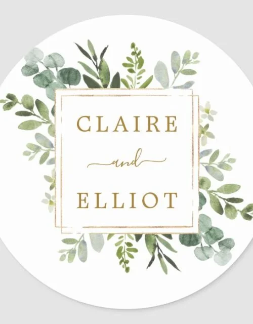 Botanical Gold Greenery Wedding Classic Round Sticker