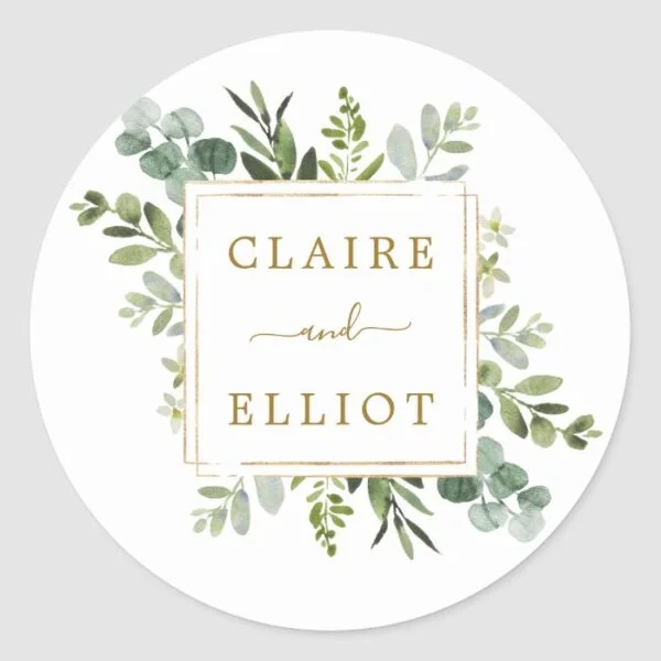 Botanical Gold Greenery Wedding Classic Round Sticker