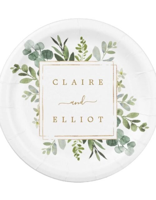 Botanical Gold Greenery Wedding Paper Plate