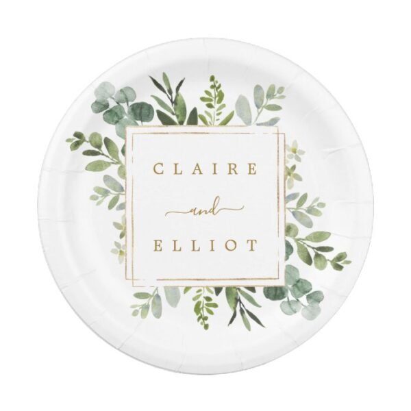 Botanical Gold Greenery Wedding Paper Plate