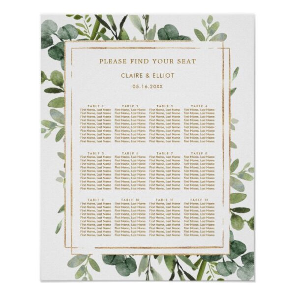 Botanical Gold Greenery Wedding Seating Chart
