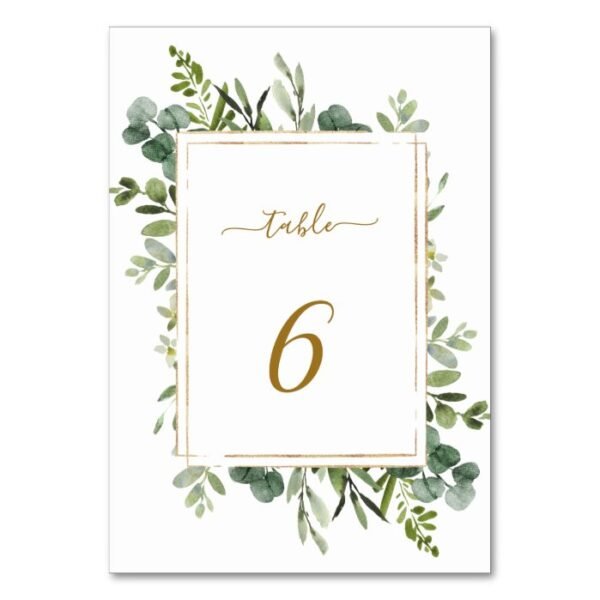 Botanical Gold Greenery Wedding Table Number