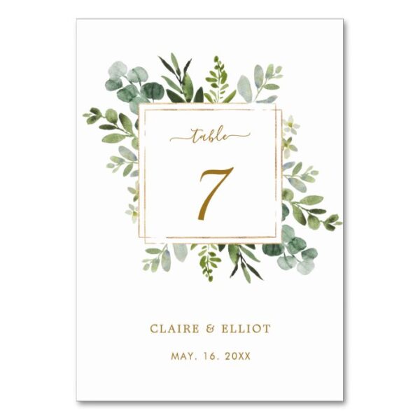 Botanical Gold Greenery Wedding Table Number Card