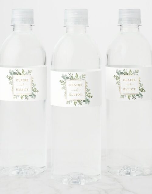 Botanical Gold Greenery Wedding Water Bottle Label