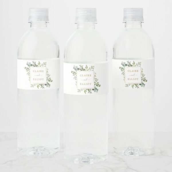 Botanical Gold Greenery Wedding Water Bottle Label