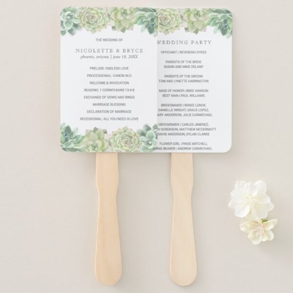 Botanical Green Succulents Wedding Program Hand Fan